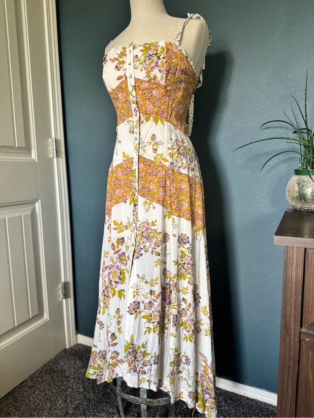 Free People White Maxi Dress with Mustard & Lavender Floral Print
